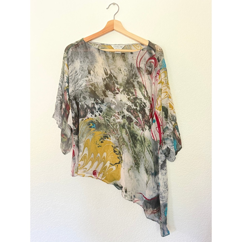 Citron Santa Monica Silk Blouse Womens XL Multicolor Good Asymmetrical Abstract